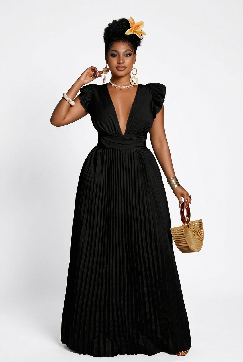 Flutter and Lace Pleated Maxi Dress