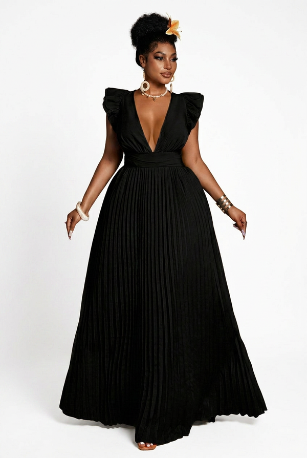 Flutter and Lace Pleated Maxi Dress - Black