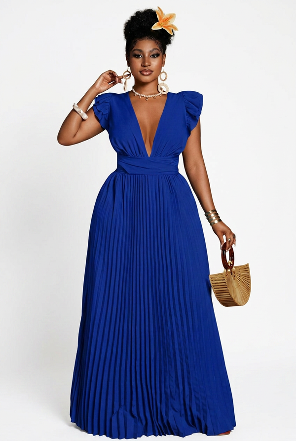 Flutter and Lace Pleated Maxi Dress - Blue