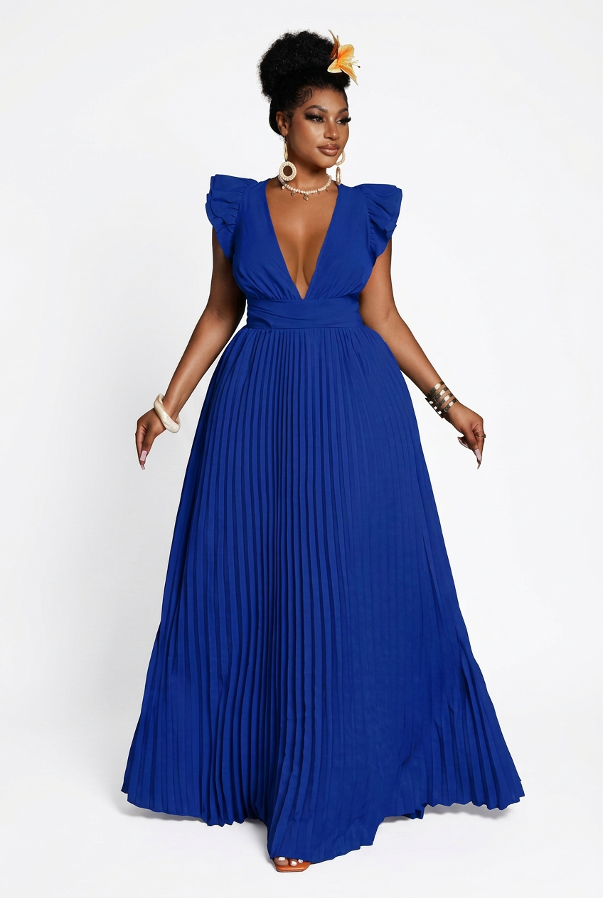 Flutter and Lace Pleated Maxi Dress