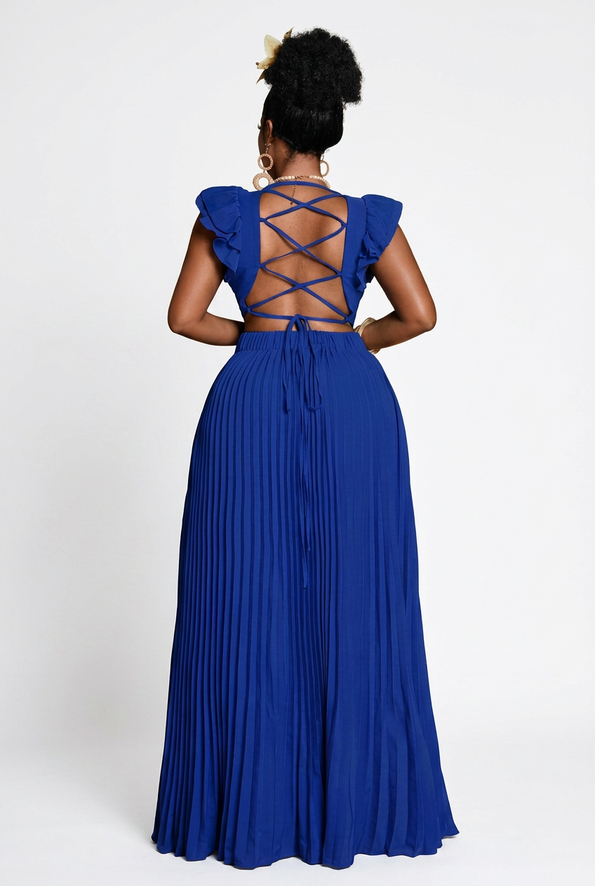 Flutter and Lace Pleated Maxi Dress